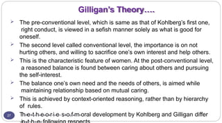 Gilligan’s Theory….
27
 The pre-conventional level, which is same as that of Kohlberg’s first one,
right conduct, is viewed in a sefish manner solely as what is good for
oneself.
 The second level called conventional level, the importance is on not
hurting others, and willing to sacrifice one’s own interest and help others.
 This is the characteristic feature of women. At the post-conventional level,
a reasoned balance is found between caring about others and pursuing
the self-interest.
 The balance one’s own need and the needs of others, is aimed while
maintaining relationship based on mutual caring.
 This is achieved by context-oriented reasoning, rather than by hierarchy
of rules.
ThD
reG
ntahn
aes
eok
arriaen sT
h
aon
gfa
vme
l oral development by Kohlberg and Gilligan differ
 