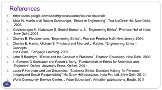 References
1. https://sites.google.com/site/drtgnanasekaran/course-materials
2. Mike W. Martin and Roland Schinzinger, “Ethics in Engineering”, Tata McGraw Hill, New Delhi,
2003.
3. Govindarajan M, Natarajan S, Senthil Kumar V. S, “Engineering Ethics”, Prentice Hall of India,
New Delhi, 2004.
4. Charles B. Fleddermann, “Engineering Ethics”, Pearson Prentice Hall, New Jersey, 2004.
5. Charles E. Harris, Michael S. Pritchard and Michael J. Rabins, “Engineering Ethics –
Concepts
and Cases”, Cengage Learning, 2009
6. John R Boatright, “Ethics and the Conduct of Business”, Pearson Education, New Delhi, 2003
7. 4. Edmund G Seebauer and Robert L Barry, “Fundametals of Ethics for Scientists and
Engineers”,Oxford University Press, Oxford, 2001
8. Laura P. Hartman and Joe Desjardins, “Business Ethics: Decision Making for Personal
Integrityand Social Responsibility” Mc Graw Hill education, India Pvt. Ltd.,New Delhi 2013.
9. World Community Service Centre, „ Value Education ,
‟ Vethathiri publications, Erode, 2011
49
 