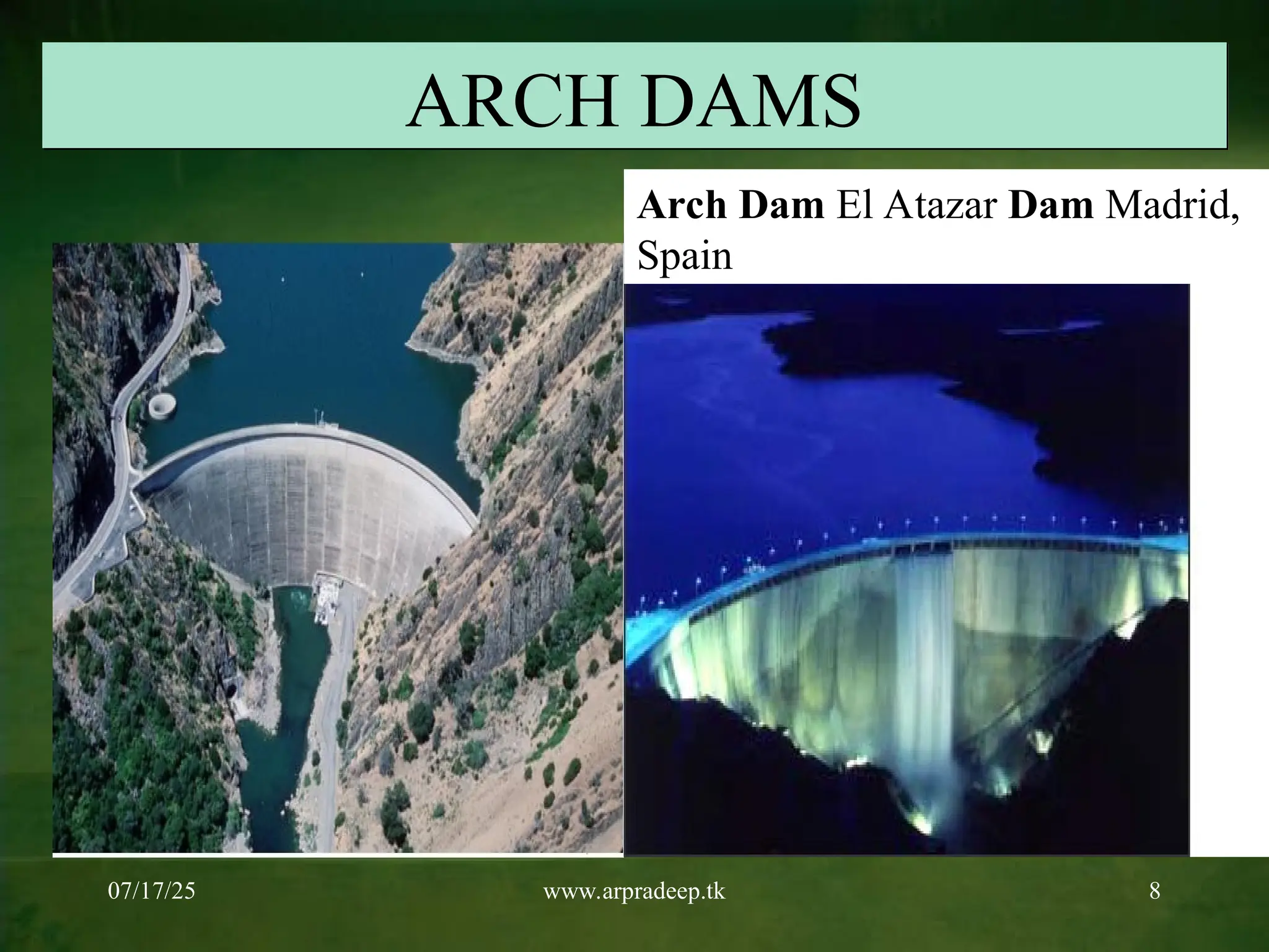 07/17/25 www.arpradeep.tk 8
ARCH DAMS
Arch Dam El Atazar Dam Madrid,
Spain
 