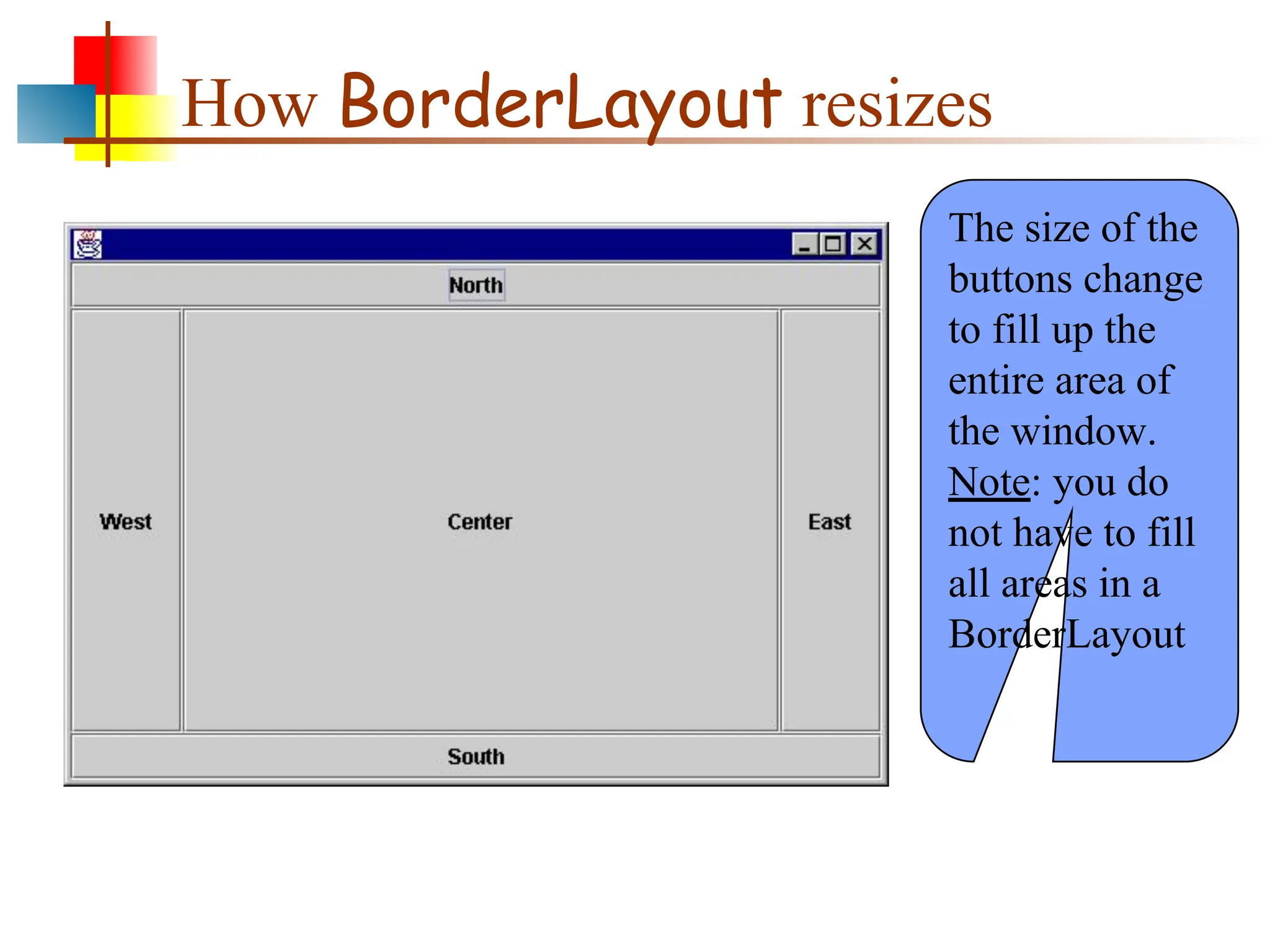 How BorderLayout resizes The size of the buttons change to fill up the entire area of the window. Note: you do not have to fill all areas in a BorderLayout 