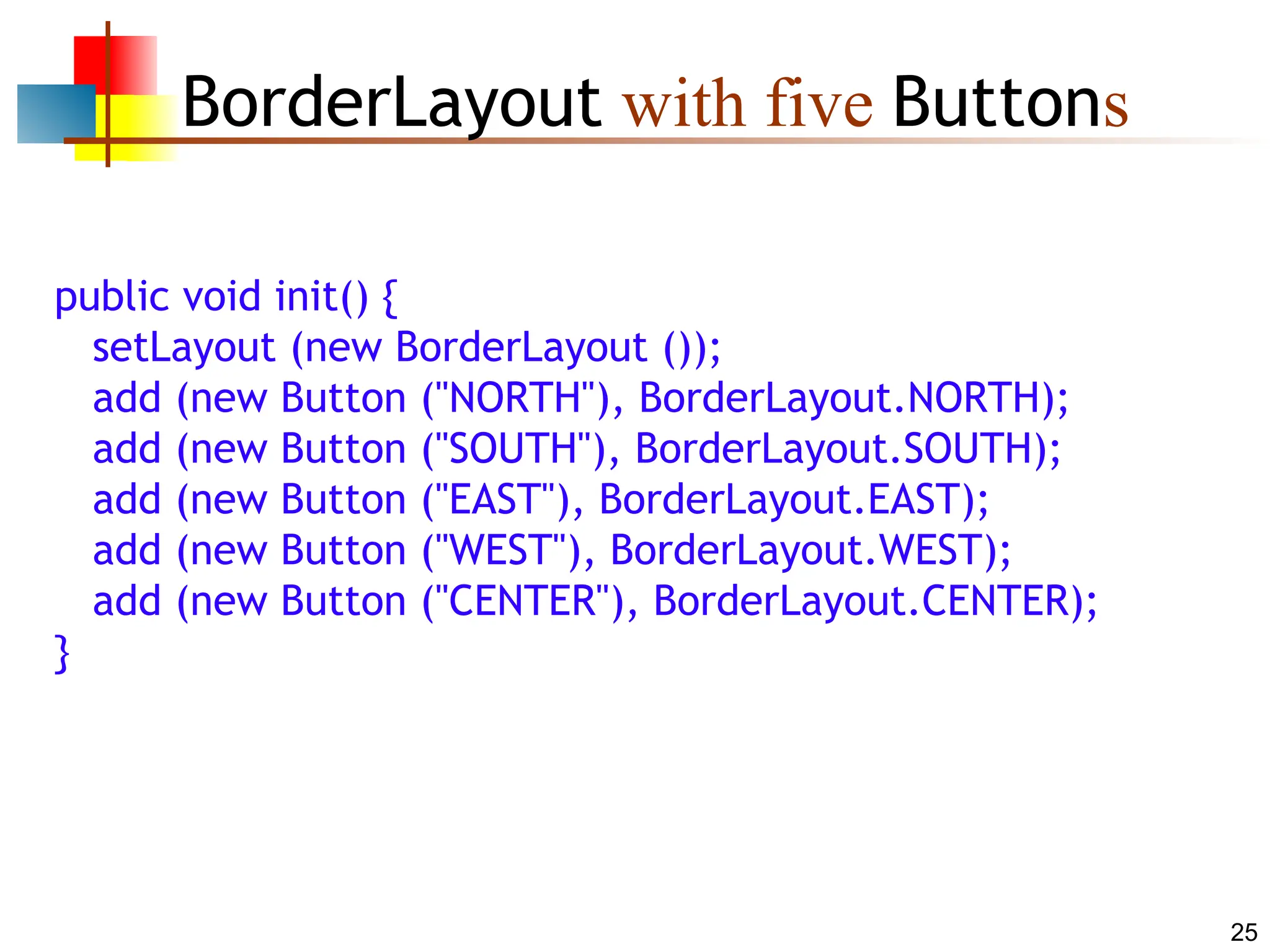 25 BorderLayout with five Buttons public void init() { setLayout (new BorderLayout ()); add (new Button ("NORTH"), BorderLayout.NORTH); add (new Button ("SOUTH"), BorderLayout.SOUTH); add (new Button ("EAST"), BorderLayout.EAST); add (new Button ("WEST"), BorderLayout.WEST); add (new Button ("CENTER"), BorderLayout.CENTER); } 