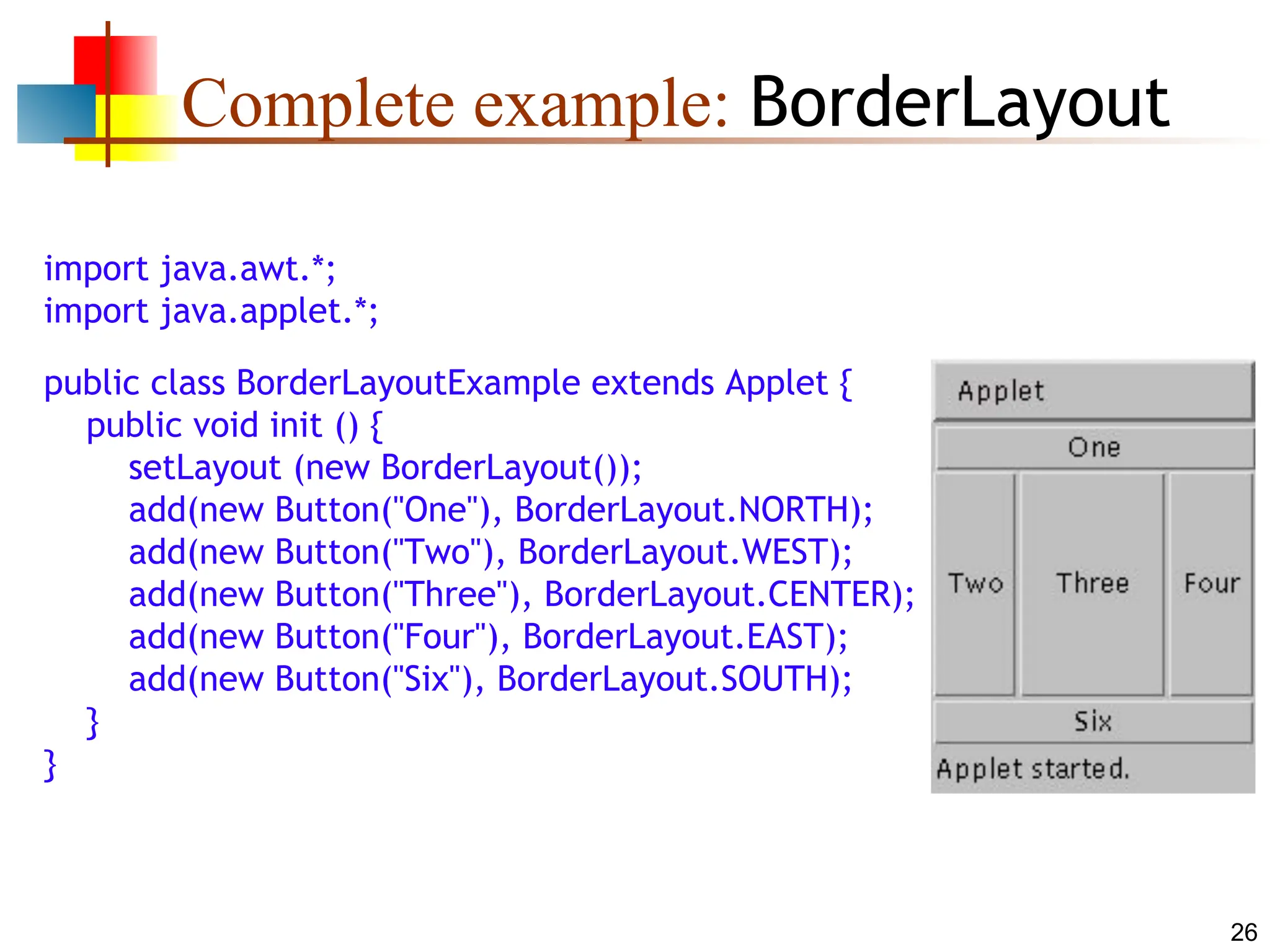26 Complete example: BorderLayout import java.awt.*; import java.applet.*; public class BorderLayoutExample extends Applet { public void init () { setLayout (new BorderLayout()); add(new Button("One"), BorderLayout.NORTH); add(new Button("Two"), BorderLayout.WEST); add(new Button("Three"), BorderLayout.CENTER); add(new Button("Four"), BorderLayout.EAST); add(new Button("Six"), BorderLayout.SOUTH); } } 