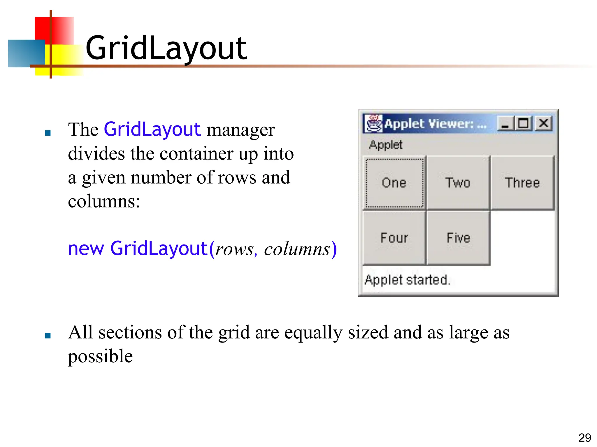 29 GridLayout ■ The GridLayout manager divides the container up into a given number of rows and columns: new GridLayout(rows, columns) ■ All sections of the grid are equally sized and as large as possible 