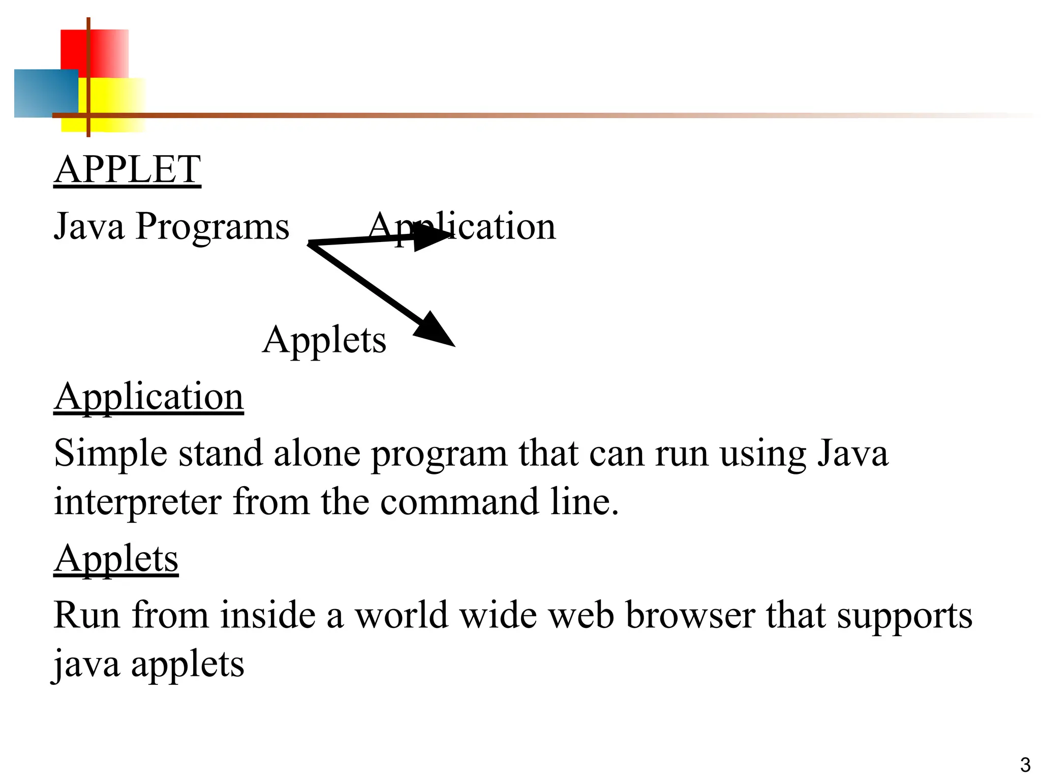 APPLET Java Programs Application Applets Application Simple stand alone program that can run using Java interpreter from the command line. Applets Run from inside a world wide web browser that supports java applets 3 