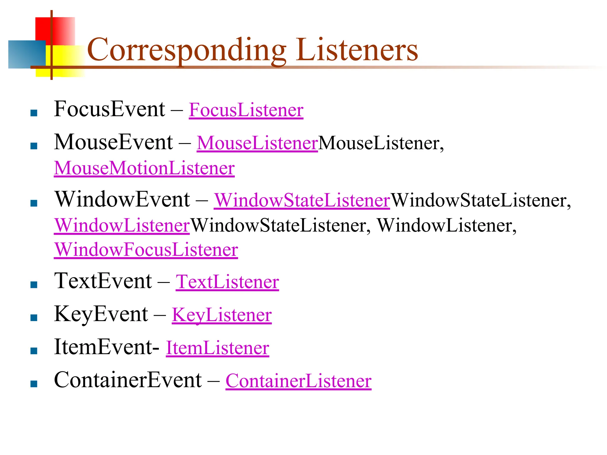 Corresponding Listeners ■ FocusEvent – FocusListener ■ MouseEvent – MouseListenerMouseListener, MouseMotionListener ■ WindowEvent – WindowStateListenerWindowStateListener, WindowListenerWindowStateListener, WindowListener, WindowFocusListener ■ TextEvent – TextListener ■ KeyEvent – KeyListener ■ ItemEvent- ItemListener ■ ContainerEvent – ContainerListener 