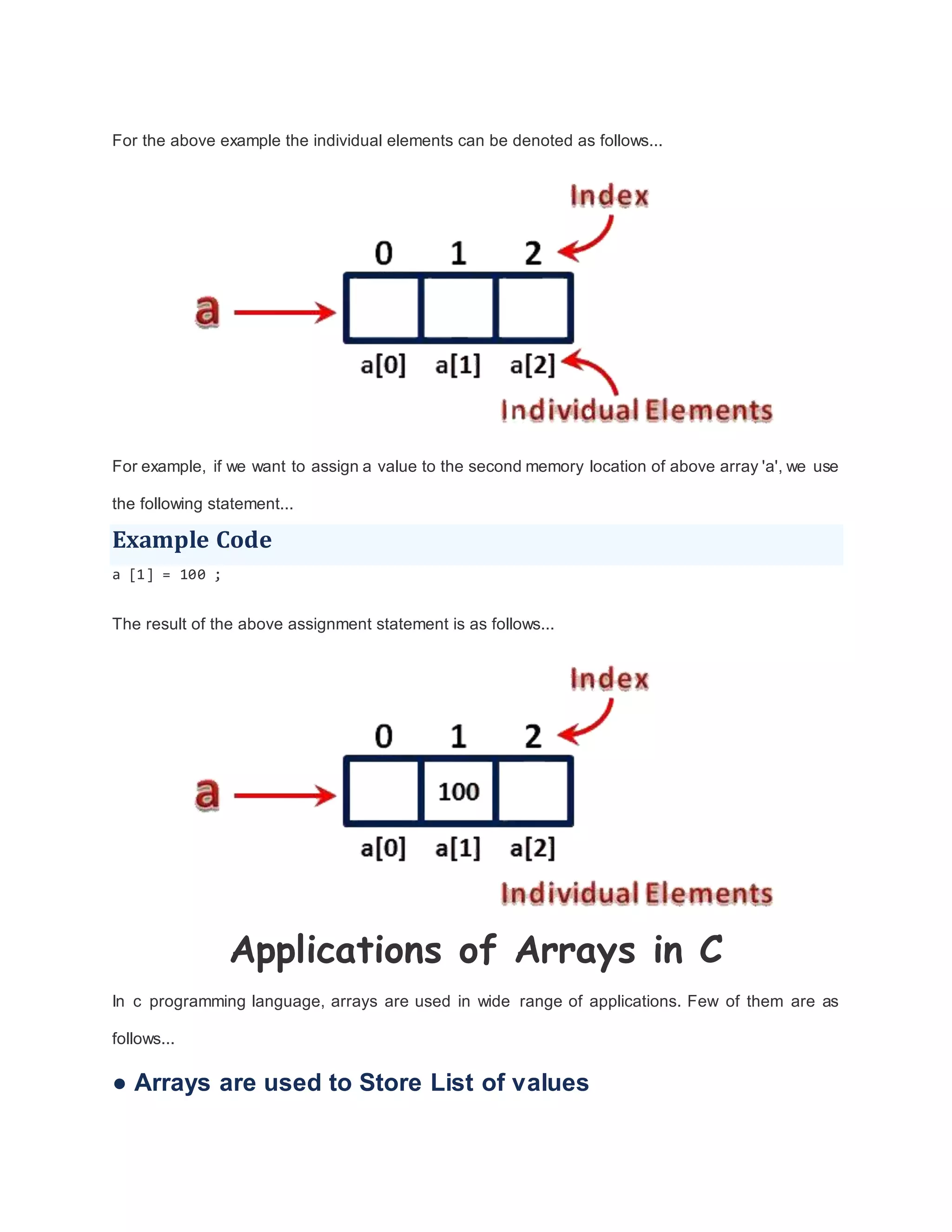 For the above example the individual elements can be denoted as follows...
For example, if we want to assign a value to the second memory location of above array 'a', we use
the following statement...
Example Code
a [1] = 100 ;
The result of the above assignment statement is as follows...
Applications of Arrays in C
In c programming language, arrays are used in wide range of applications. Few of them are as
follows...
● Arrays are used to Store List of values
 