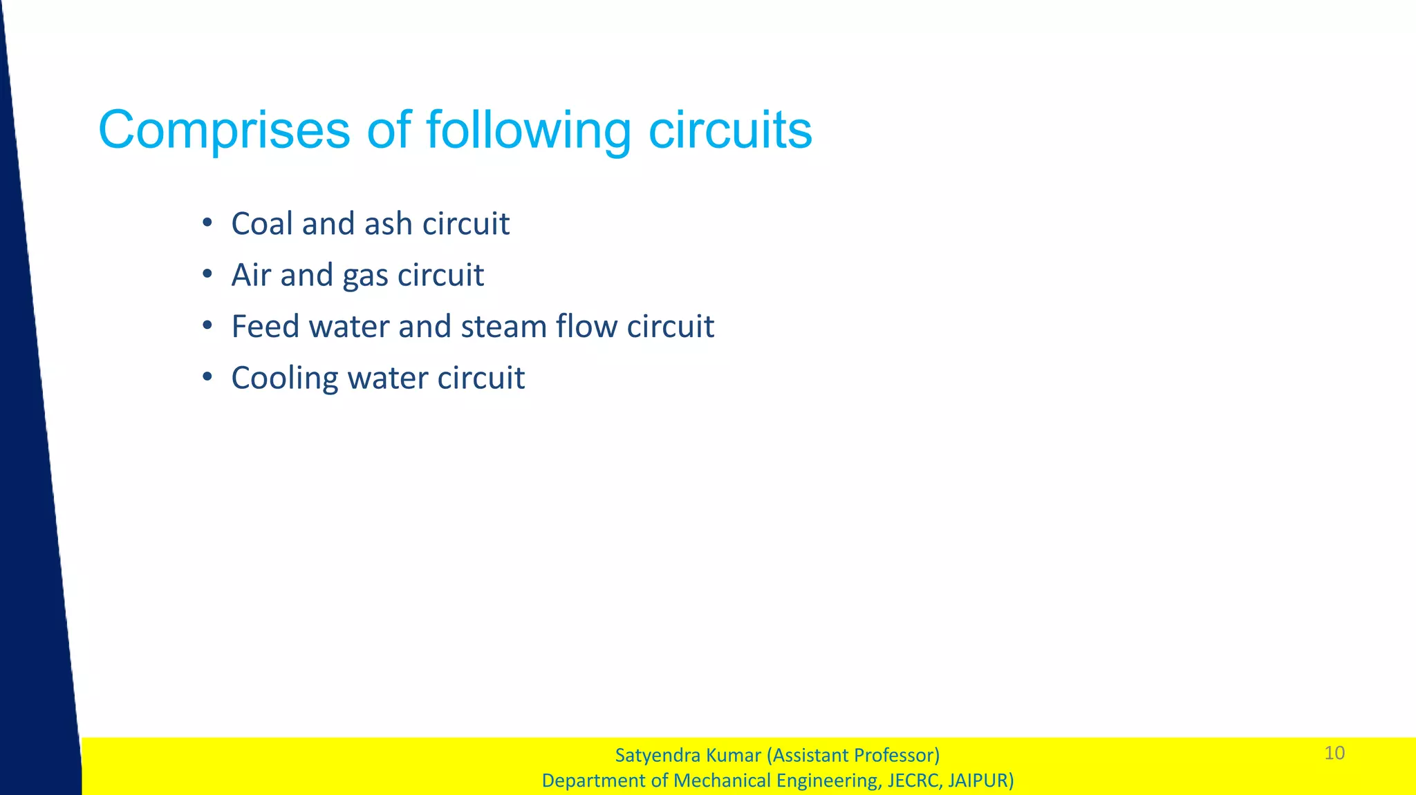 1
Comprises of following circuits
10
Satyendra Kumar (Assistant Professor)
Department of Mechanical Engineering, JECRC, JAIPUR)
• Coal and ash circuit
• Air and gas circuit
• Feed water and steam flow circuit
• Cooling water circuit
 