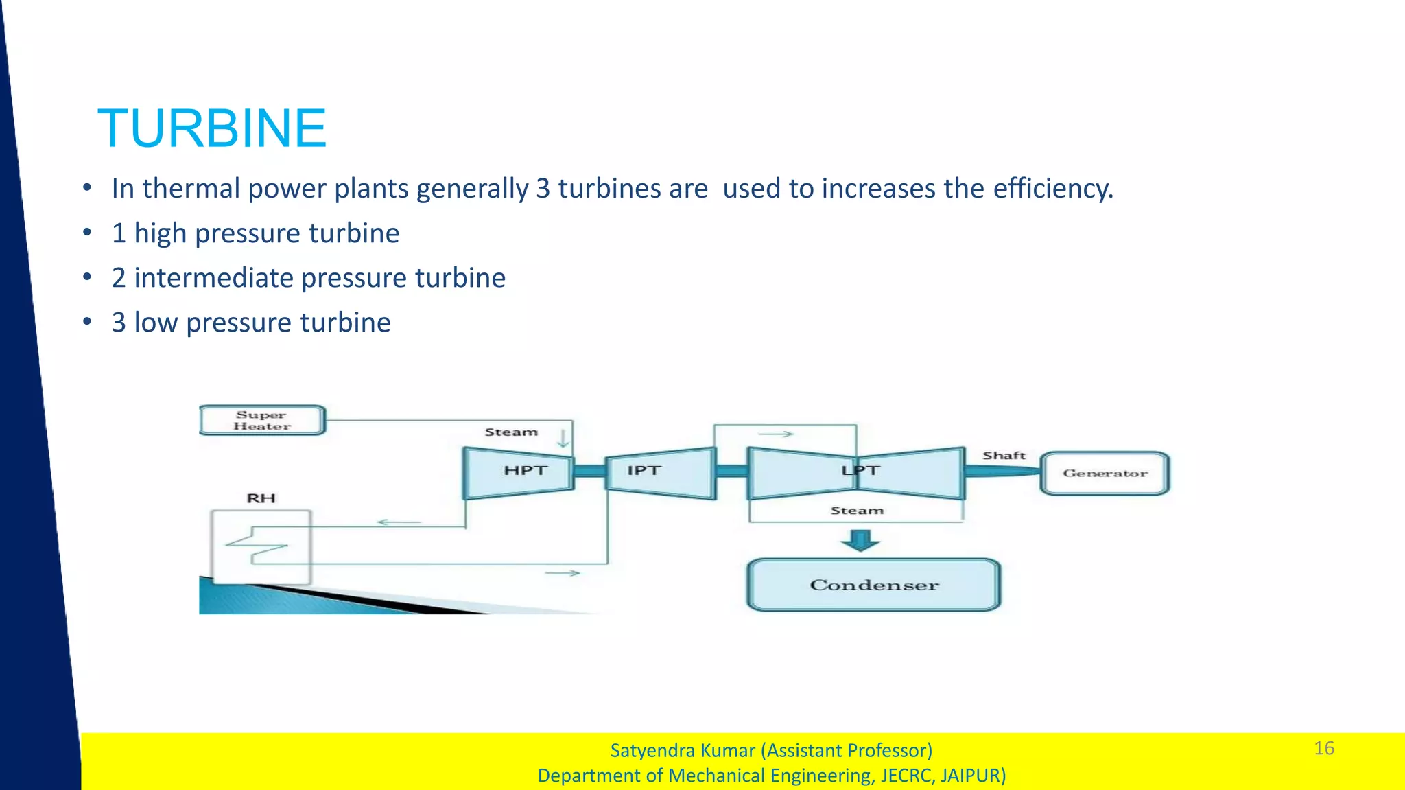 1
TURBINE
16
Satyendra Kumar (Assistant Professor)
Department of Mechanical Engineering, JECRC, JAIPUR)
• In thermal power plants generally 3 turbines are used to increases the efficiency.
• 1 high pressure turbine
• 2 intermediate pressure turbine
• 3 low pressure turbine
 