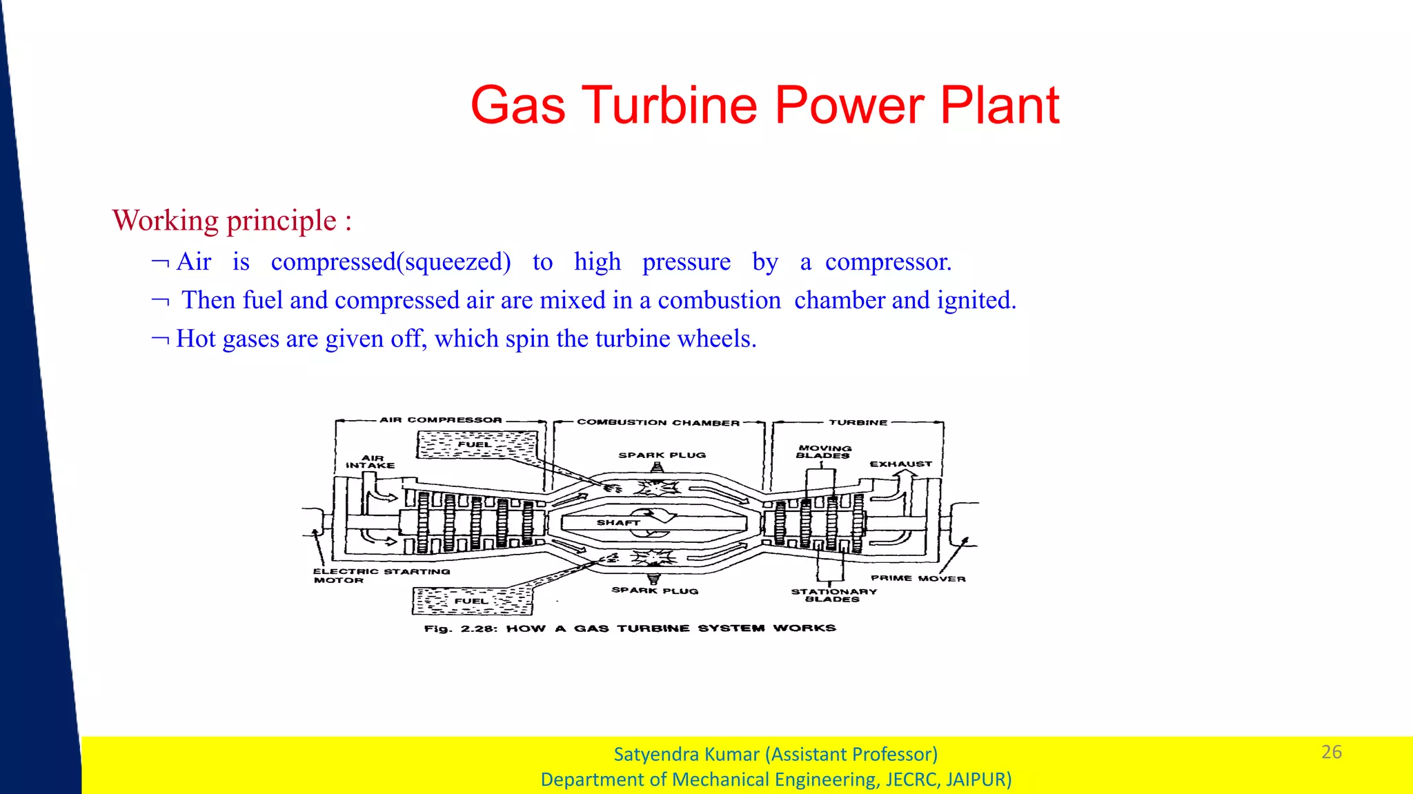 1 26
Satyendra Kumar (Assistant Professor)
Department of Mechanical Engineering, JECRC, JAIPUR)
Gas Turbine Power Plant
Working principle :
 Air is compressed(squeezed) to high pressure by a compressor.
 Then fuel and compressed air are mixed in a combustion chamber and ignited.
 Hot gases are given off, which spin the turbine wheels.
 