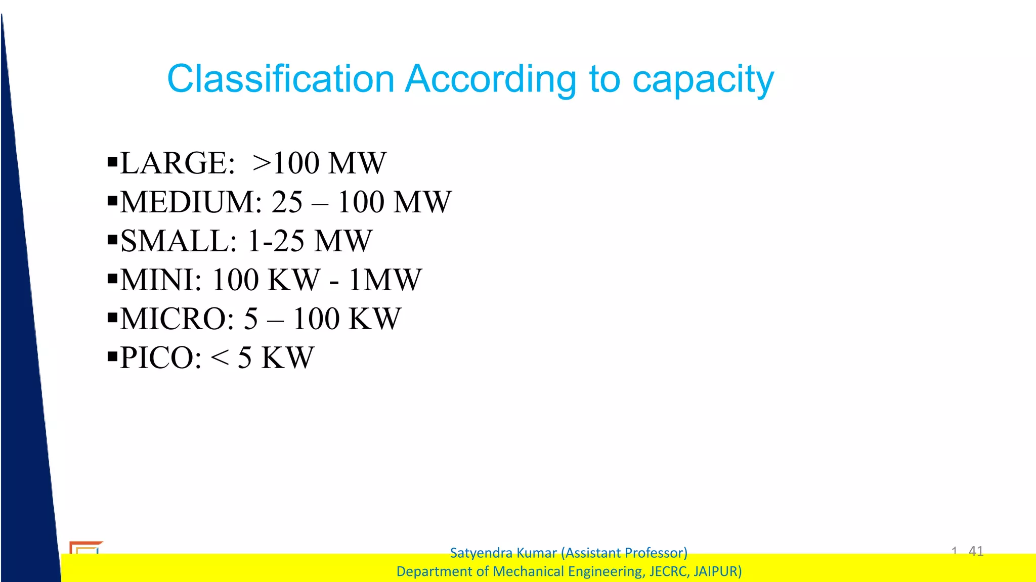 1 41
Satyendra Kumar (Assistant Professor)
Department of Mechanical Engineering, JECRC, JAIPUR)
Classification According to capacity
LARGE: >100 MW
MEDIUM: 25 – 100 MW
SMALL: 1-25 MW
MINI: 100 KW - 1MW
MICRO: 5 – 100 KW
PICO: < 5 KW
 