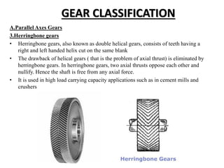 GEAR CLASSIFICATION
A.Parallel Axes Gears
3.Herringbone gears
• Herringbone gears, also known as double helical gears, consists of teeth having a
right and left handed helix cut on the same blank
• The drawback of helical gears ( that is the problem of axial thrust) is eliminated by
herringbone gears. In herringbone gears, two axial thrusts oppose each other and
nullify. Hence the shaft is free from any axial force.
• It is used in high load carrying capacity applications such as in cement mills and
crushers
 