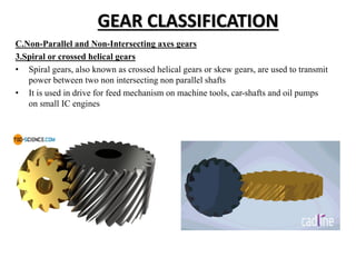 GEAR CLASSIFICATION
C.Non-Parallel and Non-Intersecting axes gears
3.Spiral or crossed helical gears
• Spiral gears, also known as crossed helical gears or skew gears, are used to transmit
power between two non intersecting non parallel shafts
• It is used in drive for feed mechanism on machine tools, car-shafts and oil pumps
on small IC engines
 