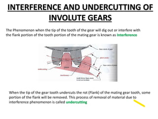 INTERFERENCE AND UNDERCUTTING OF
INVOLUTE GEARS
The Phenomenon when the tip of the tooth of the gear will dig out or interfere with
the flank portion of the tooth portion of the mating gear is known as Interference
When the tip of the gear tooth undercuts the rot (Flank) of the mating gear tooth, some
portion of the flank will be removed. This process of removal of material due to
interference phenomenon is called undercutting
 