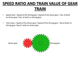 SPEED RATIO AND TRAIN VALUE OF GEAR
TRAIN
• Speed ratio = Speed of the driving gear / Speed of the driven gear = No. of teeth
on driven gear / No. of teeth on driving gear
• Train value = Speed of the driven gear / Speed of the driving gear = No.of teeth on
driving gear / No.of teeth on driven gear
Driving gear
Driven gear
 