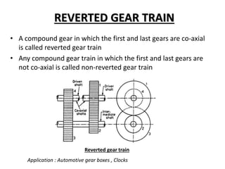 REVERTED GEAR TRAIN
• A compound gear in which the first and last gears are co-axial
is called reverted gear train
• Any compound gear train in which the first and last gears are
not co-axial is called non-reverted gear train
Reverted gear train
Application : Automotive gear boxes , Clocks
 