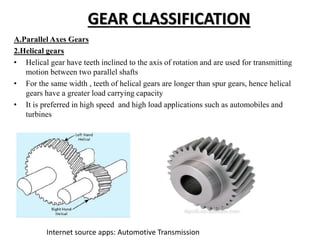 GEAR CLASSIFICATION
A.Parallel Axes Gears
2.Helical gears
• Helical gear have teeth inclined to the axis of rotation and are used for transmitting
motion between two parallel shafts
• For the same width , teeth of helical gears are longer than spur gears, hence helical
gears have a greater load carrying capacity
• It is preferred in high speed and high load applications such as automobiles and
turbines
Internet source apps: Automotive Transmission
 