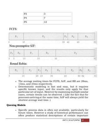 UNIT II | B.Sc(IT)/MTNC 27
P3 3
P4 7
P5 12
 The average waiting times for FCFS, SJF, and RR are 28ms,
13ms, and 23ms respectively.
 Deterministic modeling is fast and easy, but it requires
specific known input, and the results only apply for that
particular set of input. However by examining multiple similar
cases, certain trends can be observed. ( Like the fact that for
processes arriving at the same time, SJF will always yield the
shortest average wait time. )
Queuing Models
 Specific process data is often not available, particularly for
future times. However a study of historical performance can
often produce statistical descriptions of certain important
 