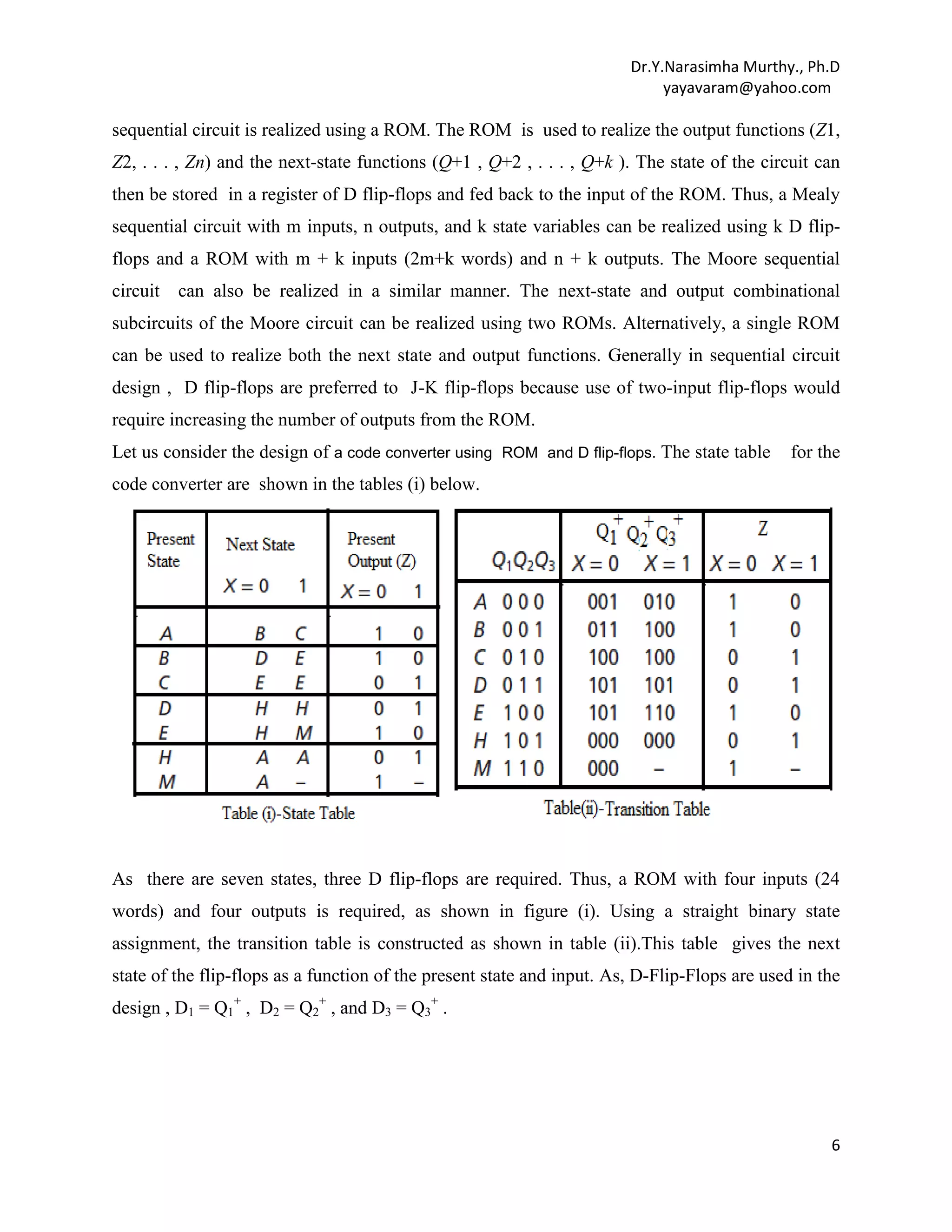 Dr.Y.Narasimha Murthy., Ph.D
yayavaram@yahoo.com

sequential circuit is realized using a ROM. The ROM is used to realize the output functions (Z1,
Z2, . . . , Zn) and the next-state functions (Q+1 , Q+2 , . . . , Q+k ). The state of the circuit can
then be stored in a register of D flip-flops and fed back to the input of the ROM. Thus, a Mealy
sequential circuit with m inputs, n outputs, and k state variables can be realized using k D flipflops and a ROM with m + k inputs (2m+k words) and n + k outputs. The Moore sequential
circuit

can also be realized in a similar manner. The next-state and output combinational

subcircuits of the Moore circuit can be realized using two ROMs. Alternatively, a single ROM
can be used to realize both the next state and output functions. Generally in sequential circuit
design , D flip-flops are preferred to J-K flip-flops because use of two-input flip-flops would
require increasing the number of outputs from the ROM.
Let us consider the design of a code converter using ROM and D flip-flops. The state table

for the

code converter are shown in the tables (i) below.

As there are seven states, three D flip-flops are required. Thus, a ROM with four inputs (24
words) and four outputs is required, as shown in figure (i). Using a straight binary state
assignment, the transition table is constructed as shown in table (ii).This table gives the next
state of the flip-flops as a function of the present state and input. As, D-Flip-Flops are used in the
design , D1 = Q1+ , D2 = Q2+ , and D3 = Q3+ .

6

 