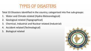 Total 33 Disasters identified in the country, categorised into five sub-groups:
1. Water and Climate related (Hydro-Meteorological)
2. Geological related (Topographical)
3. Chemical, Industrial and Nuclear related (Industrial)
4. Accident related (Technological)
5. Biological related
 