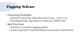 Tagging Scheme
• Versioning Strategies:
• Semantic Versioning: Major.Minor.Patch (e.g., 1.0.0, 2.1.4).
• Date-Based Tags: Tags based on date (e.g., 2025-01-30).
• Best Practices:
• Maintain a consistent tagging pattern.
• Avoid using "latest" indiscriminately for production environments.
 