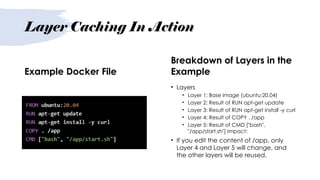 Layer Caching In Action
Example Docker File
Breakdown of Layers in the
Example
• Layers
• Layer 1: Base image (ubuntu:20.04)
• Layer 2: Result of RUN apt-get update
• Layer 3: Result of RUN apt-get install -y curl
• Layer 4: Result of COPY . /app
• Layer 5: Result of CMD ["bash",
"/app/start.sh"] Impact:
• If you edit the content of /app, only
Layer 4 and Layer 5 will change, and
the other layers will be reused.
 