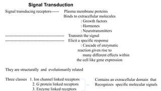 Signal Transduction
Signal transducing receptors------ Plasma membrane proteins
Binds to extracellular molecules
: Growth factors
: Hormones
: Neurotransmitters
-------------------------------------------- Transmit the signal
-------------------------------------------- Elicit a specific response
: Cascade of enzymatic
reaction given rise to
many different effects within
the cell like gene expression
They are structurally and evolutionarily related
Three classes 1. Ion channel linked receptors
2. G protein linked receptors
3. Enzyme linked receptors
Contains an extracellular domain that
Recognizes specific molecular signals
 