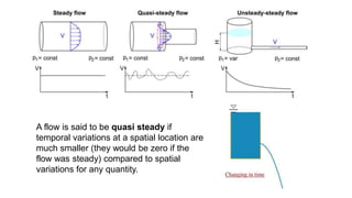 A flow is said to be quasi steady if
temporal variations at a spatial location are
much smaller (they would be zero if the
flow was steady) compared to spatial
variations for any quantity.
 