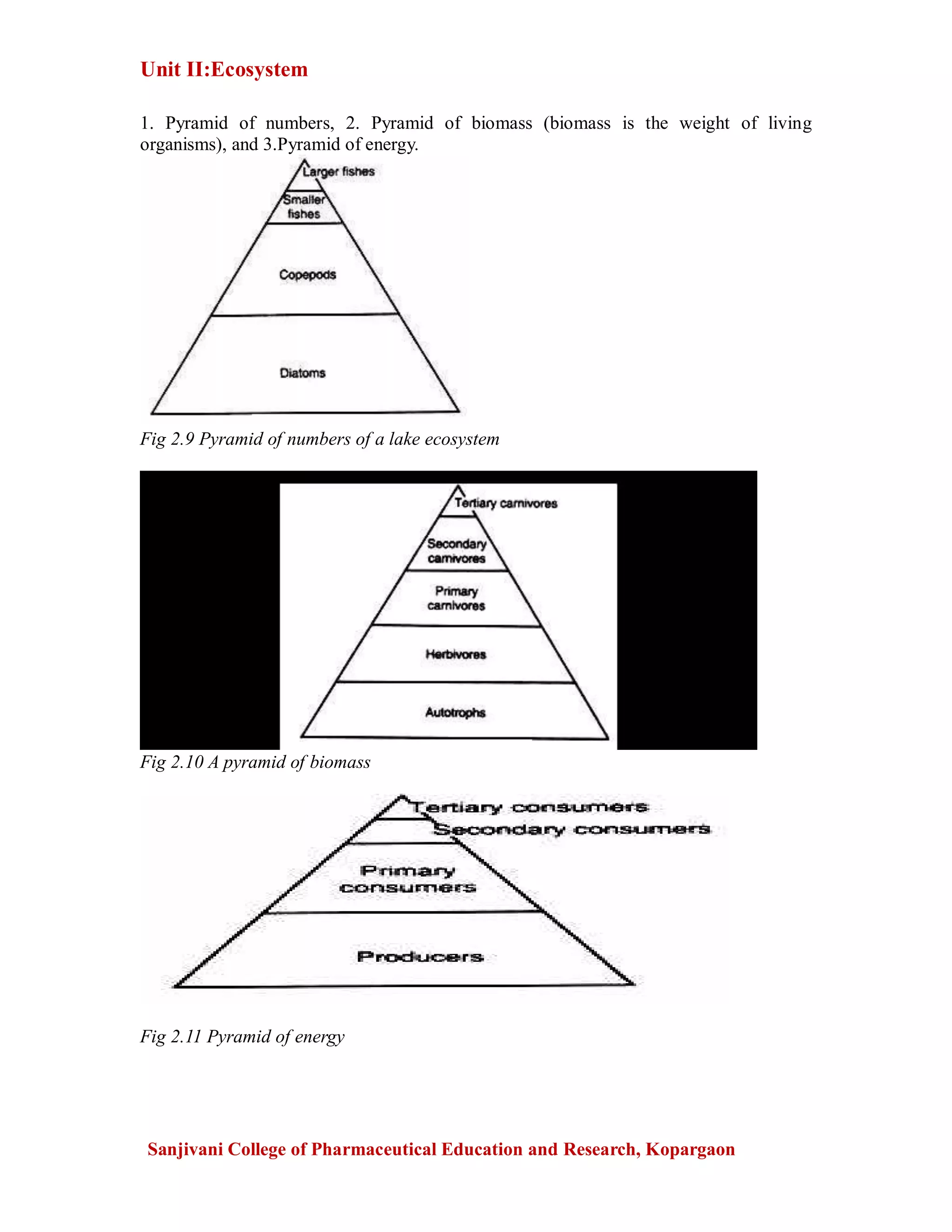 Unit II:Ecosystem
Sanjivani College of Pharmaceutical Education and Research, Kopargaon
1. Pyramid of numbers, 2. Pyramid of biomass (biomass is the weight of living
organisms), and 3.Pyramid of energy.
Fig 2.9 Pyramid of numbers of a lake ecosystem
Fig 2.10 A pyramid of biomass
Fig 2.11 Pyramid of energy
 