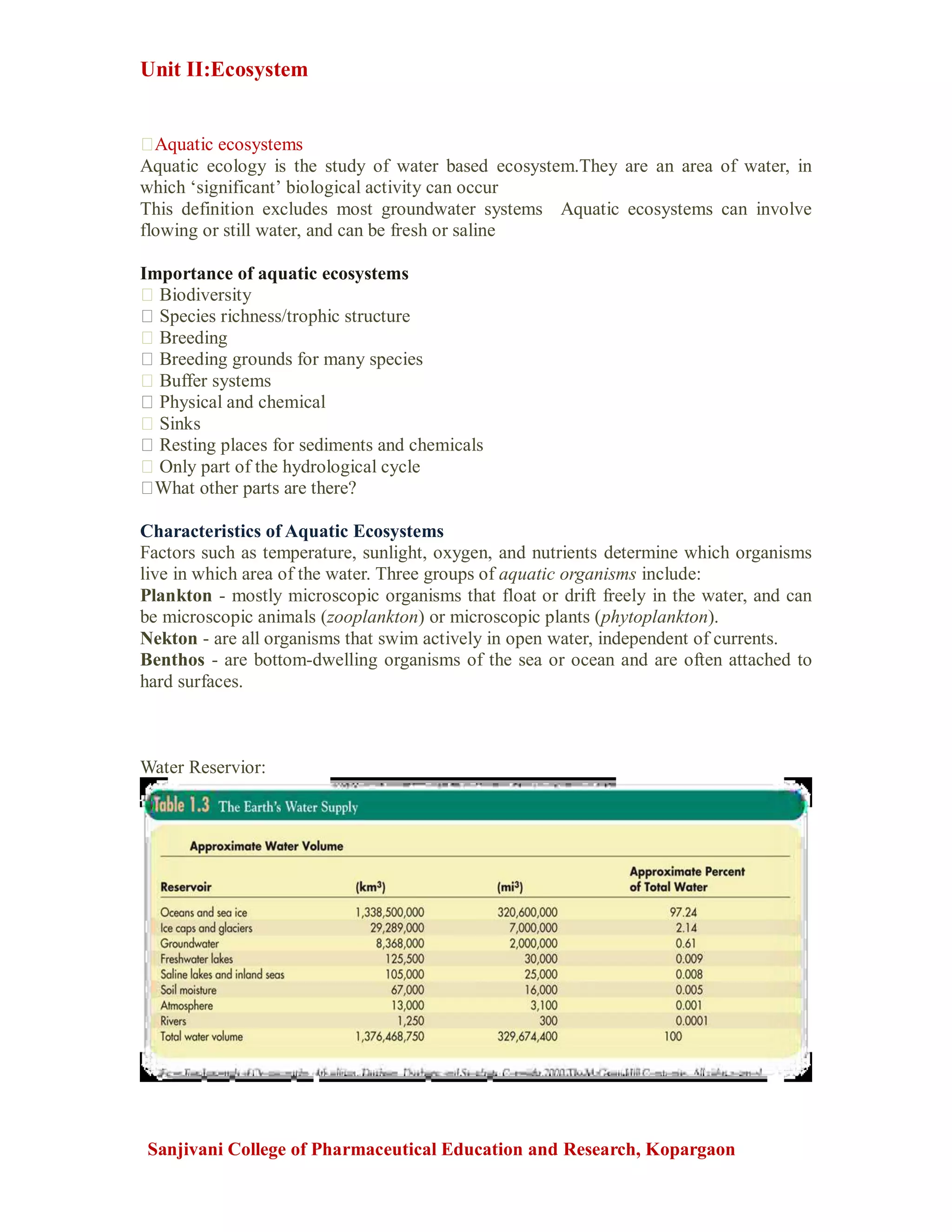 Unit II:Ecosystem
Sanjivani College of Pharmaceutical Education and Research, Kopargaon
Aquatic ecosystems
Aquatic ecology is the study of water based ecosystem.They are an area of water, in
which ‘significant’ biological activity can occur
This definition excludes most groundwater systems Aquatic ecosystems can involve
flowing or still water, and can be fresh or saline
Importance of aquatic ecosystems
Biodiversity
Species richness/trophic structure
Breeding
Breeding grounds for many species
Buffer systems
Physical and chemical
Sinks
Resting places for sediments and chemicals
Only part of the hydrological cycle
What other parts are there?
Characteristics of Aquatic Ecosystems
Factors such as temperature, sunlight, oxygen, and nutrients determine which organisms
live in which area of the water. Three groups of aquatic organisms include:
Plankton - mostly microscopic organisms that float or drift freely in the water, and can
be microscopic animals (zooplankton) or microscopic plants (phytoplankton).
Nekton - are all organisms that swim actively in open water, independent of currents.
Benthos - are bottom-dwelling organisms of the sea or ocean and are often attached to
hard surfaces.
Water Reservior:
 
