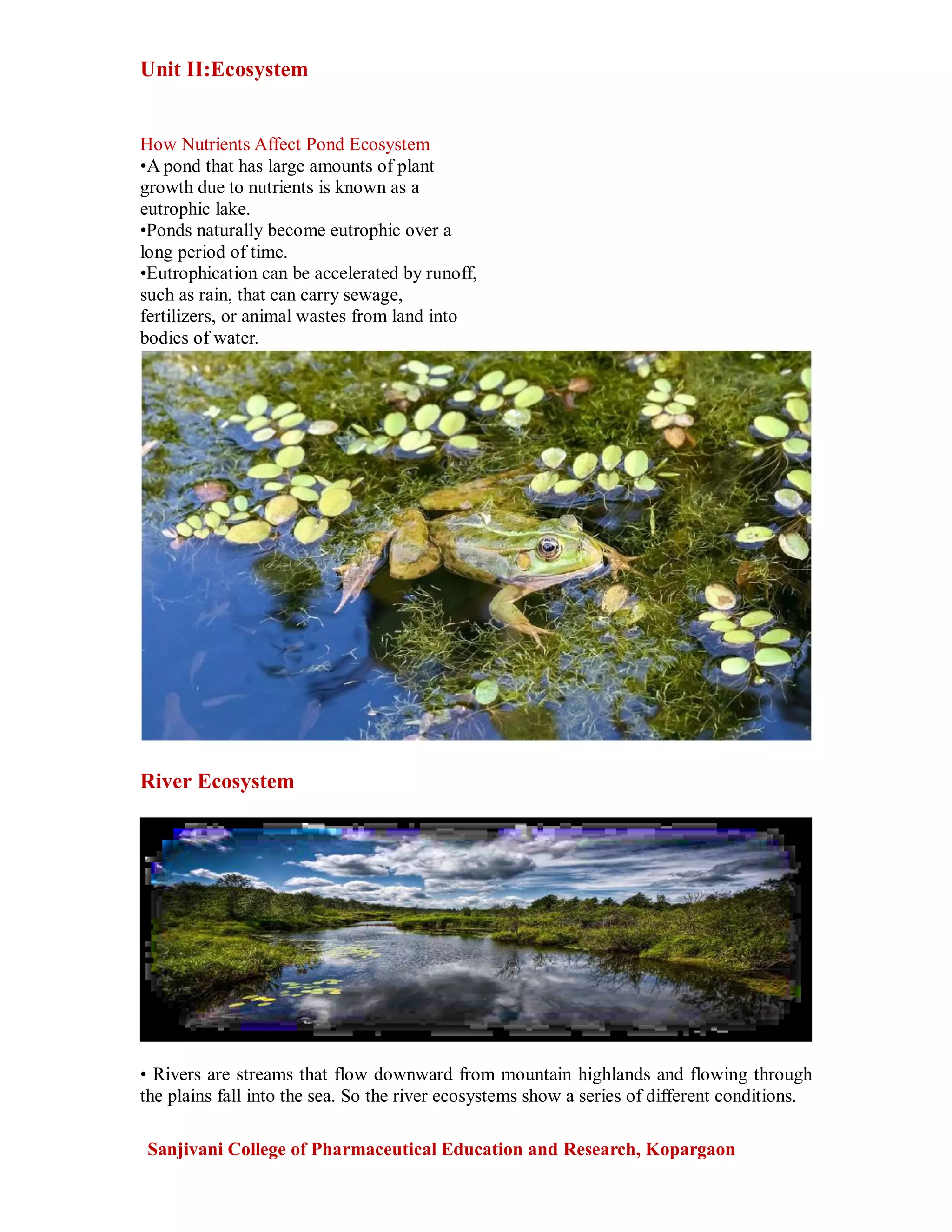 Unit II:Ecosystem
Sanjivani College of Pharmaceutical Education and Research, Kopargaon
How Nutrients Affect Pond Ecosystem
•A pond that has large amounts of plant
growth due to nutrients is known as a
eutrophic lake.
•Ponds naturally become eutrophic over a
long period of time.
•Eutrophication can be accelerated by runoff,
such as rain, that can carry sewage,
fertilizers, or animal wastes from land into
bodies of water.
River Ecosystem
• Rivers are streams that flow downward from mountain highlands and flowing through
the plains fall into the sea. So the river ecosystems show a series of different conditions.
 