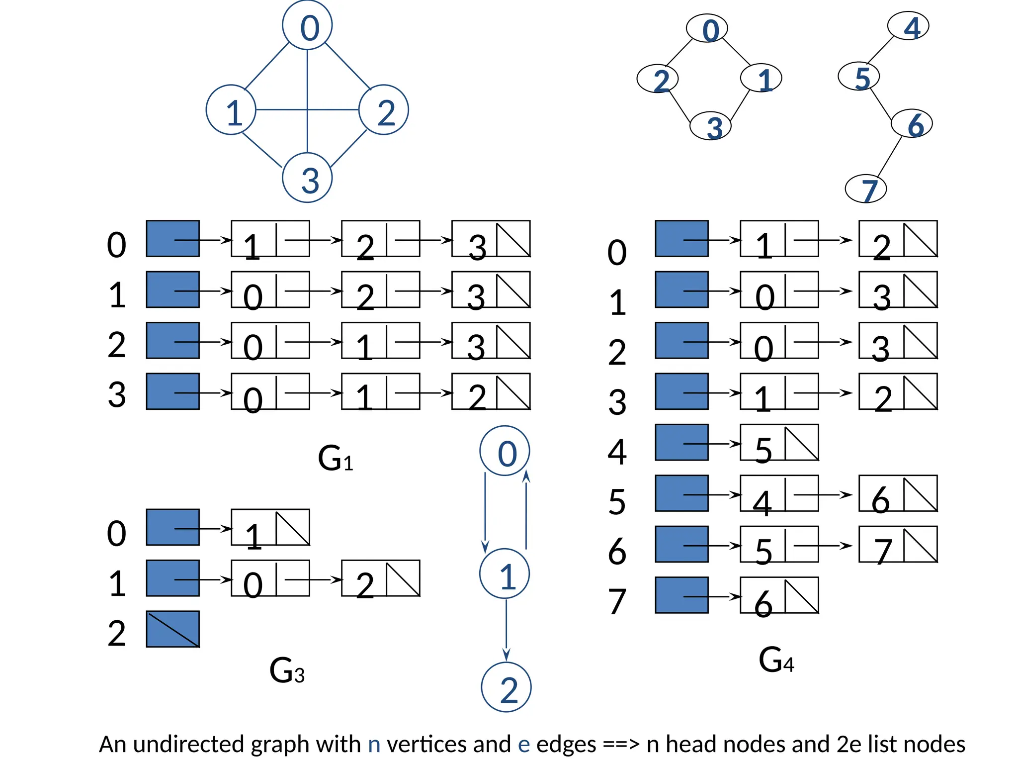 0
1
2
3
0
1
2
0
1
2
3
4
5
6
7
1 2 3
0 2 3
0 1 3
0 1 2
G1
1
0 2
G3
1 2
0 3
0 3
1 2
5
4 6
5 7
6
G4
0
1 2
3
0
1
2
1
0
2
3
4
5
6
7
An undirected graph with n vertices and e edges ==> n head nodes and 2e list nodes
 