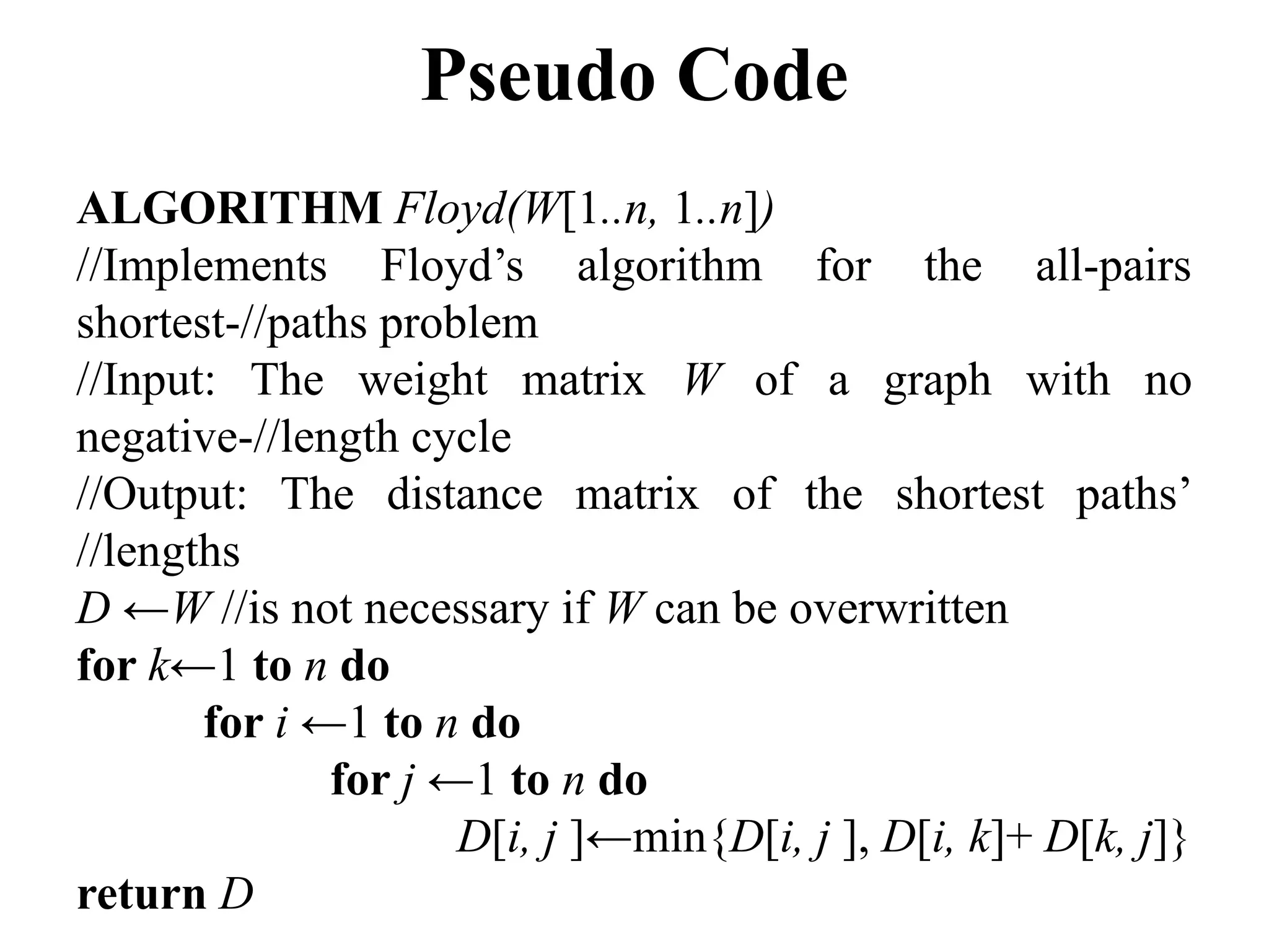 Pseudo Code
ALGORITHM Floyd(W[1..n, 1..n])
//Implements Floyd’s algorithm for the all-pairs
shortest-//paths problem
//Input: The weight matrix W of a graph with no
negative-//length cycle
//Output: The distance matrix of the shortest paths’
//lengths
D ←W //is not necessary if W can be overwritten
for k←1 to n do
for i ←1 to n do
for j ←1 to n do
D[i, j ]←min{D[i, j ], D[i, k]+ D[k, j]}
return D
 