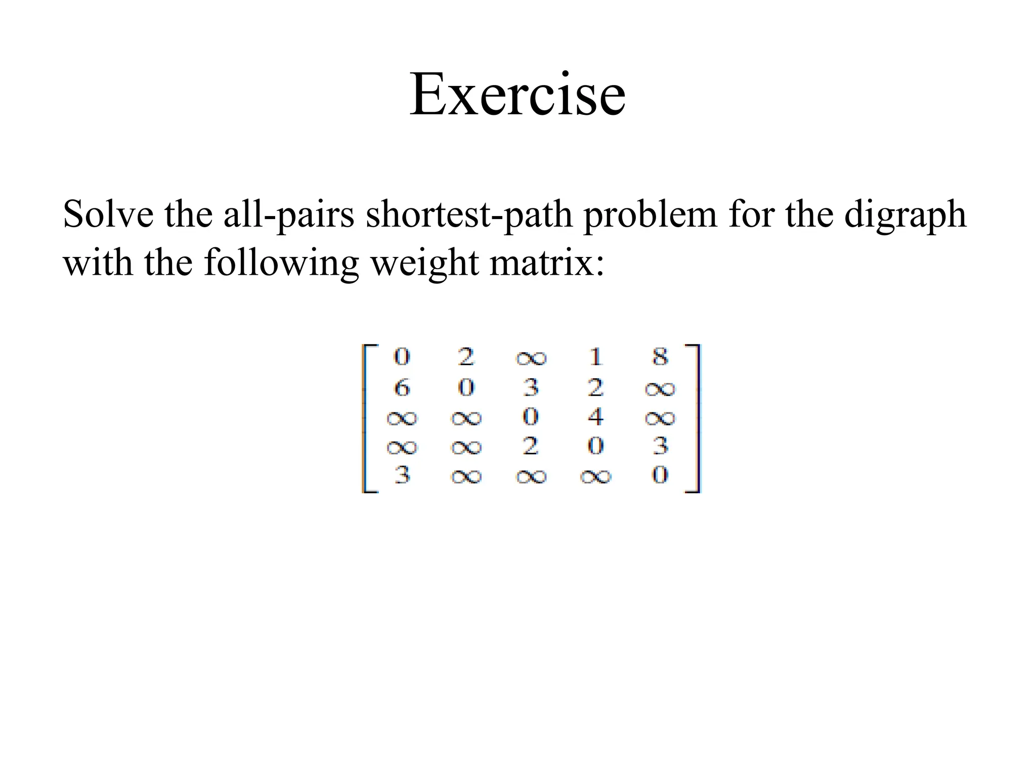 Exercise
Solve the all-pairs shortest-path problem for the digraph
with the following weight matrix:
 