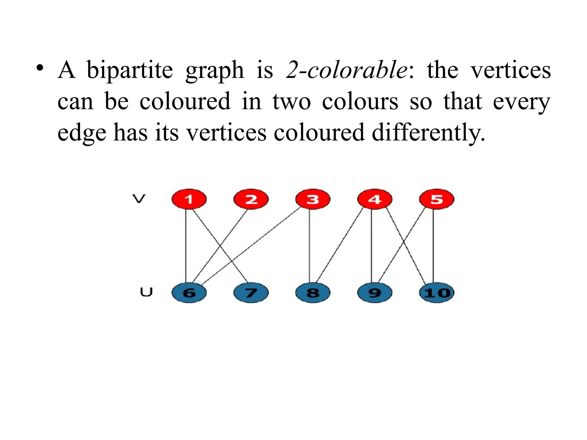 • A bipartite graph is 2-colorable: the vertices
can be coloured in two colours so that every
edge has its vertices coloured differently.
 