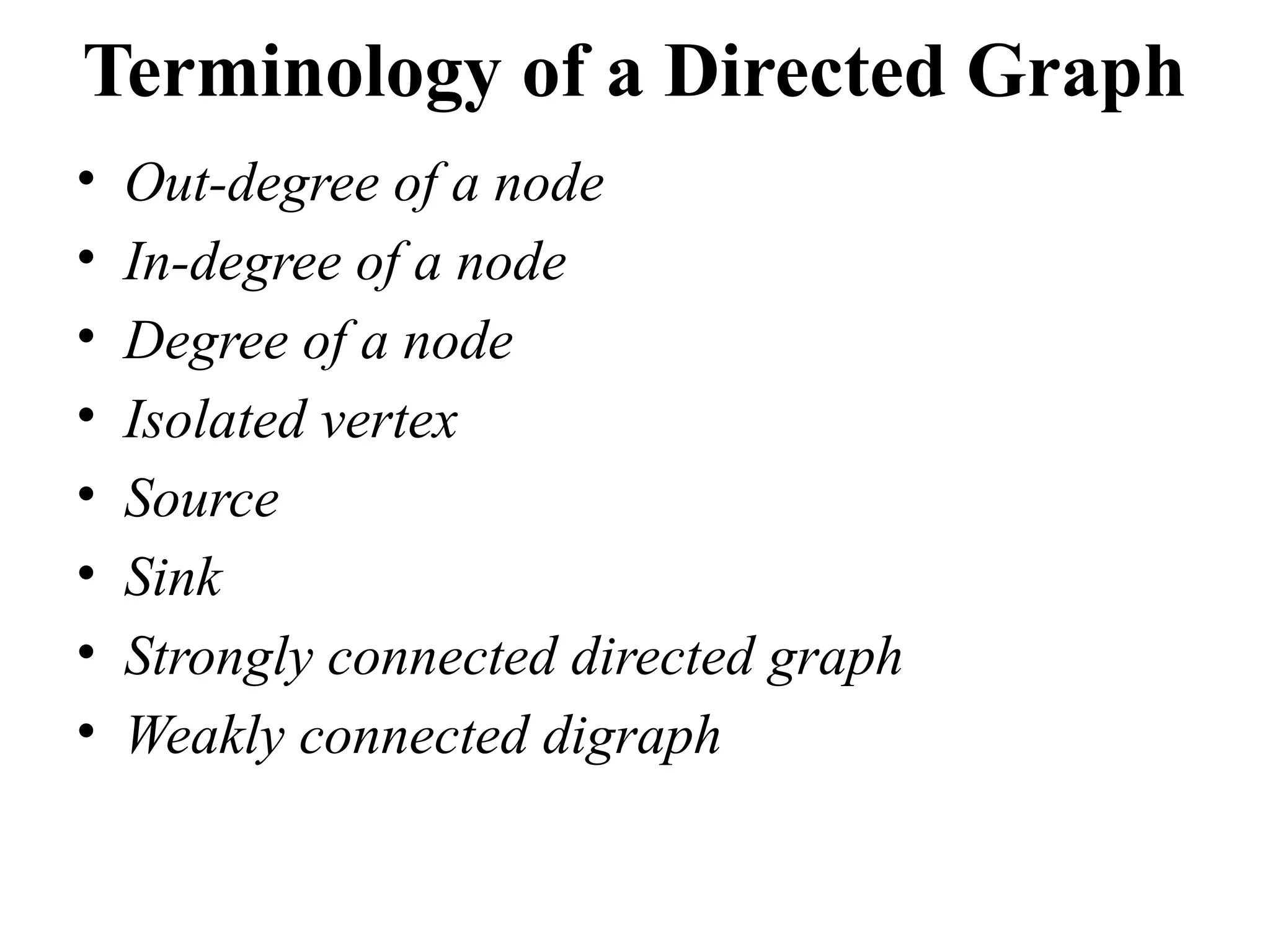 Terminology of a Directed Graph
• Out-degree of a node
• In-degree of a node
• Degree of a node
• Isolated vertex
• Source
• Sink
• Strongly connected directed graph
• Weakly connected digraph
 