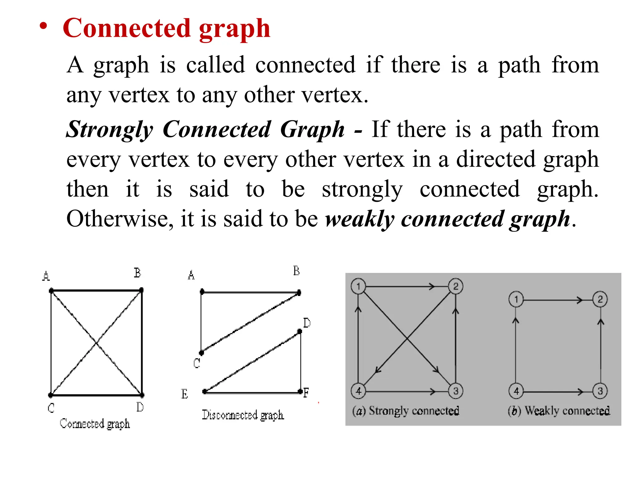 • Connected graph
A graph is called connected if there is a path from
any vertex to any other vertex.
Strongly Connected Graph - If there is a path from
every vertex to every other vertex in a directed graph
then it is said to be strongly connected graph.
Otherwise, it is said to be weakly connected graph.
 