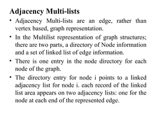 Adjacency Multi-lists
• Adjacency Multi-lists are an edge, rather than
vertex based, graph representation.
• In the Multilist representation of graph structures;
there are two parts, a directory of Node information
and a set of linked list of edge information.
• There is one entry in the node directory for each
node of the graph.
• The directory entry for node i points to a linked
adjacency list for node i. each record of the linked
list area appears on two adjacency lists: one for the
node at each end of the represented edge.
 