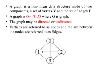 • A graph is a non-linear data structure made of two
components, a set of vertex V and the set of edges E.
• A graph is G= (V, E) where G is graph.
• The graph may be directed or undirected.
• Vertices are referred to as nodes and the arc between
the nodes are referred to as Edges.
 