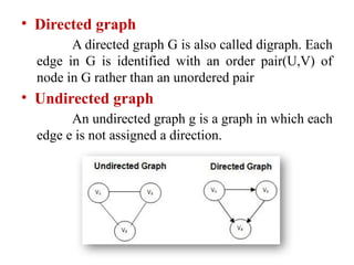 • Directed graph
A directed graph G is also called digraph. Each
edge in G is identified with an order pair(U,V) of
node in G rather than an unordered pair
• Undirected graph
An undirected graph g is a graph in which each
edge e is not assigned a direction.
 