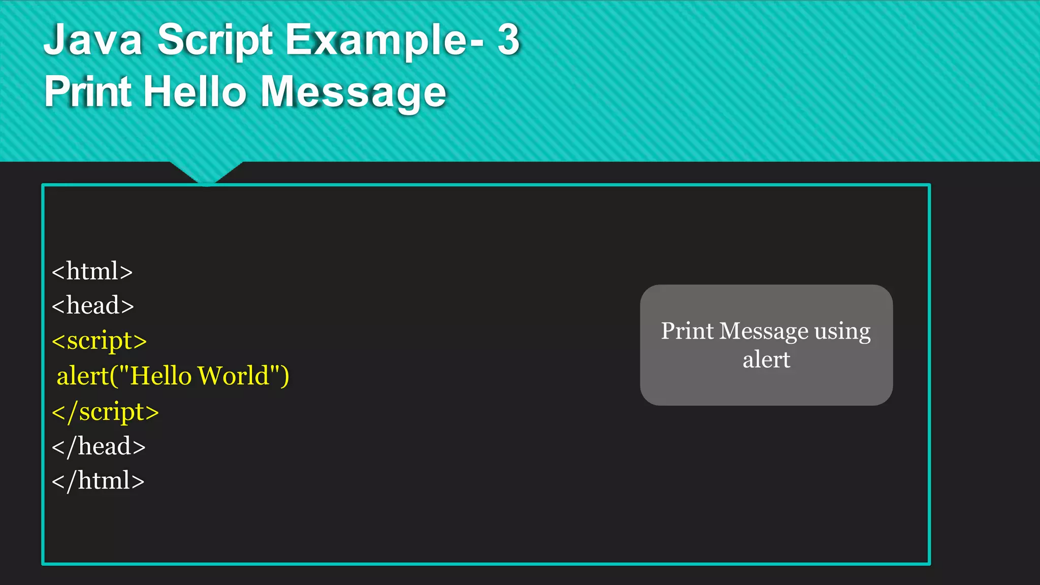 Java Script Example- 3
Print Hello Message
<html>
<head>
<script>
alert("Hello World")
</script>
</head>
</html>
Print Message using
alert
 