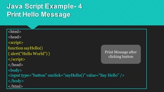 Java Script Example- 4
Print Hello Message
<html>
<head>
<script>
function sayHello()
{ alert("Hello World") }
</script>
</head>
<body>
<input type="button" onclick="sayHello()" value="Say Hello" />
</body>
</html>
Print Message after
clicking button
 