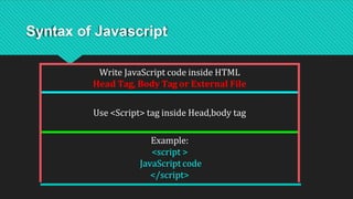 Syntax of Javascript
Write JavaScript code inside HTML
Head Tag, Body Tag or External File
Use <Script> tag inside Head,body tag
Example:
<script >
JavaScript code
</script>
 