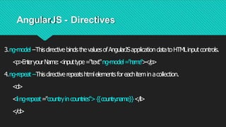 AngularJS - Directives
3.ng-model−ThisdirectivebindsthevaluesofAngularJSapplicationdatatoHTMLinputcontrols.
<p>EnteryourName:<inputtype="text"ng-model="name"></p>
4.ng-repeat−Thisdirectiverepeatshtmlelementsforeachiteminacollection.
<ol>
<ling-repeat="countryincountries">{
{country
.name}}</li>
</ol>
 