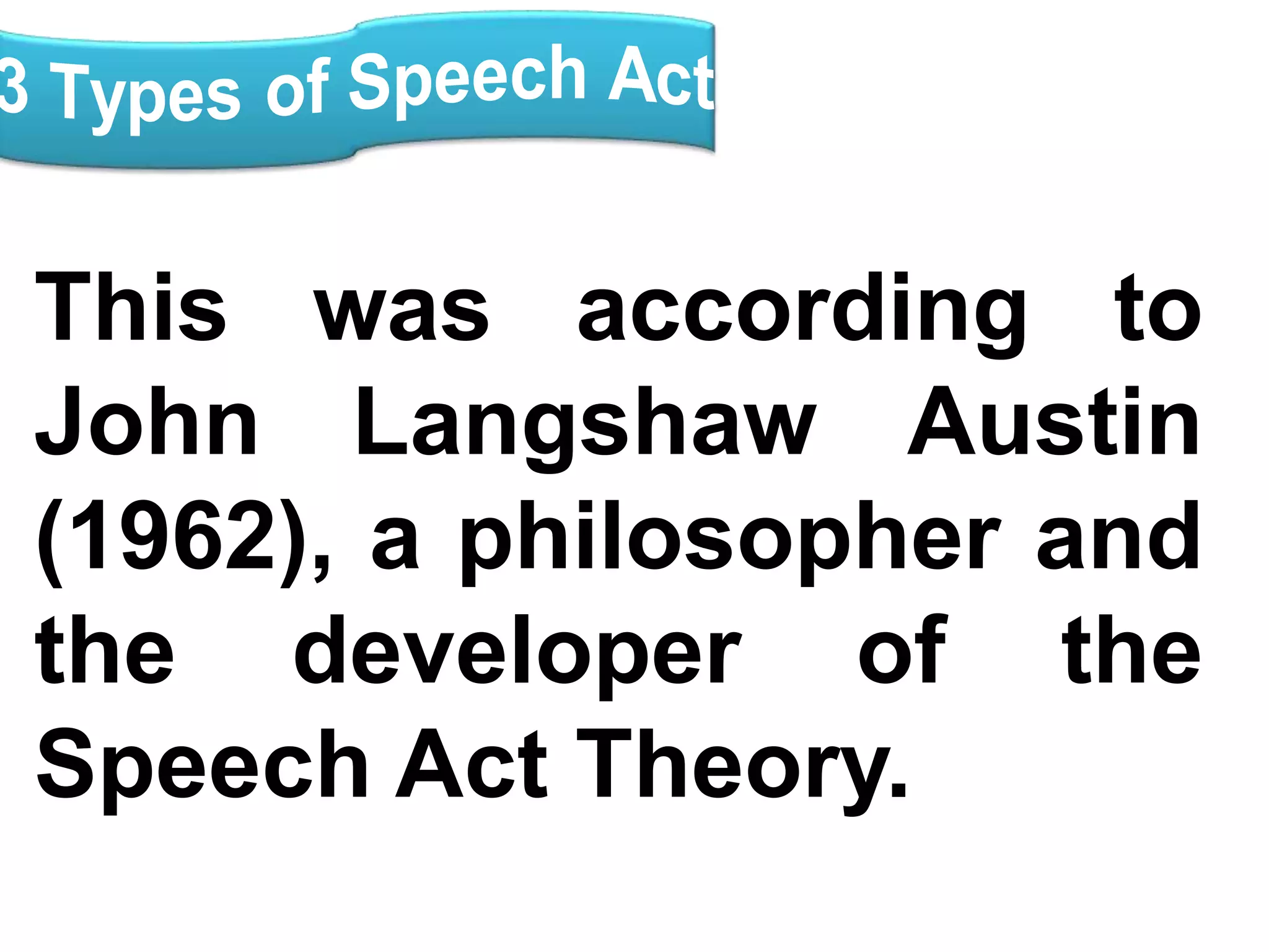 This was according to
John Langshaw Austin
(1962), a philosopher and
the developer of the
Speech Act Theory.
 