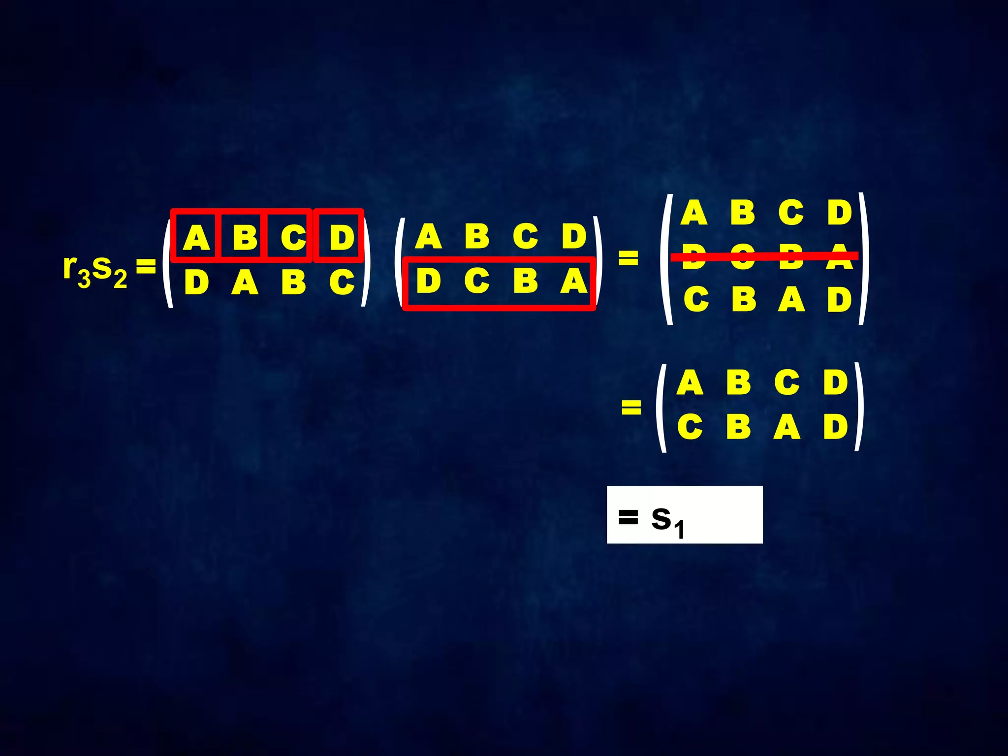 r3s2 =
A B C D
D A B C
A B C D
D C B A
=
A B C D
D C B A
C B A D
A B C D
C B A D
=
= s1
 