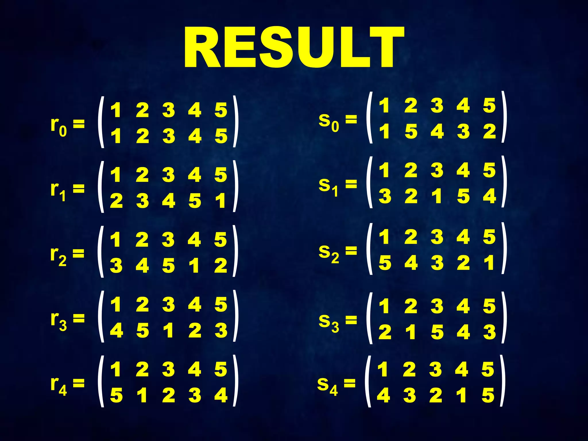 r0 =
1 2 3 4 5
1 2 3 4 5
r1 =
1 2 3 4 5
2 3 4 5 1
r2 =
1 2 3 4 5
3 4 5 1 2
r3 =
1 2 3 4 5
4 5 1 2 3
r4 =
1 2 3 4 5
5 1 2 3 4
s0 =
1 2 3 4 5
1 5 4 3 2
s1 =
1 2 3 4 5
3 2 1 5 4
s2 =
1 2 3 4 5
5 4 3 2 1
s3 =
1 2 3 4 5
2 1 5 4 3
s4 =
1 2 3 4 5
4 3 2 1 5
 