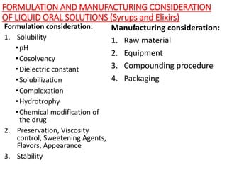 FORMULATION AND MANUFACTURING CONSIDERATION
OF LIQUID ORAL SOLUTIONS (Syrups and Elixirs)
Formulation consideration:
1. Solubility
•pH
•Cosolvency
•Dielectric constant
•Solubilization
•Complexation
•Hydrotrophy
•Chemical modification of
the drug
2. Preservation, Viscosity
control, Sweetening Agents,
Flavors, Appearance
3. Stability
Manufacturing consideration:
1. Raw material
2. Equipment
3. Compounding procedure
4. Packaging
 