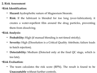 2. Risk Assessment
•Risk Identification:
• Hazard: hydrophobic nature of Magnesium Stearate.
• Risk: If the lubricant is blended for too long (over-lubrication), it
creates a water-repellent film around the drug particles, preventing
them from dissolving.
•Risk Analysis:
• Probability: High (if manual blending is not timed strictly).
• Severity: High (Dissolution is a Critical Quality Attribute; failure leads
to batch rejection).
• Detectability: Medium (Detected only at the final QC stage, which is
too late).
•Risk Evaluation:
• The team calculates the risk score (RPN). The result is found to be
Unacceptable without further controls.
 