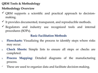 QRM Tools & Methodology
Methodology Overview
 QRM supports a scientific and practical approach to decision-
making.
 It provides documented, transparent, and reproducible methods.
 Regulators and industry use recognized tools and internal
procedures (SOPs).
Basic Facilitation Methods
1. Flowcharts: Visualizing the process to identify steps where risks
may occur.
2. Check Sheets: Simple lists to ensure all steps or checks are
completed.
3. Process Mapping: Detailed diagrams of the manufacturing
process.

These are used to organize data and facilitate decision-making.
 