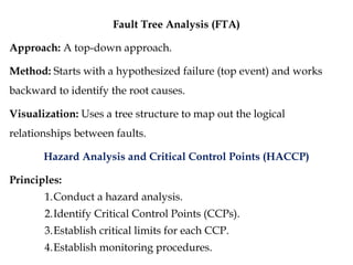 Fault Tree Analysis (FTA)
Approach: A top-down approach.
Method: Starts with a hypothesized failure (top event) and works
backward to identify the root causes.
Visualization: Uses a tree structure to map out the logical
relationships between faults.
Hazard Analysis and Critical Control Points (HACCP)
Principles:
1.Conduct a hazard analysis.
2.Identify Critical Control Points (CCPs).
3.Establish critical limits for each CCP.
4.Establish monitoring procedures.
 